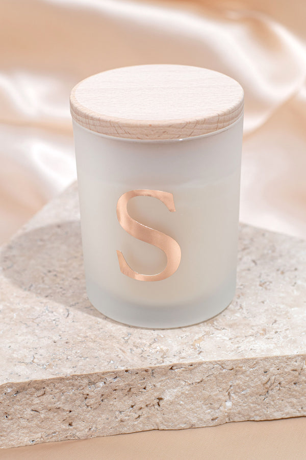 Personalised Frosted Glass White Candle with Wooden Lid