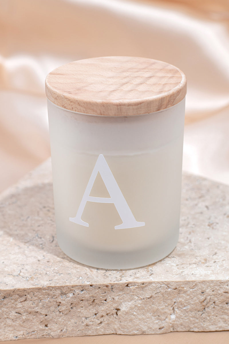 Personalised Frosted Glass White Candle with Wooden Lid